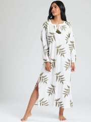 South Beach White Longsleeve Tie Neck Beach Dress with Leaf Embroidery - Image 3 of 5