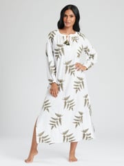 South Beach White Longsleeve Tie Neck Beach Dress with Leaf Embroidery - Image 4 of 5