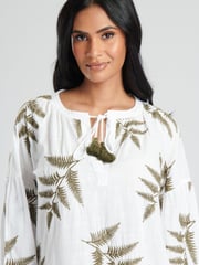 South Beach White Longsleeve Tie Neck Beach Dress with Leaf Embroidery - Image 5 of 5