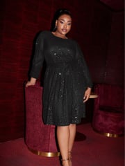 Yours Curve Black London Sequin Skater Dress - Image 1 of 5