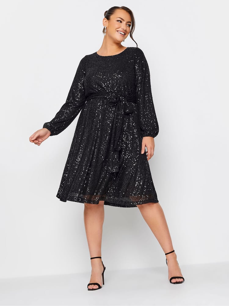 Yours Curve Black London Sequin Skater Dress - Image 2 of 5