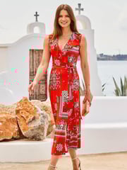 Sosandar Red Ruffle Neck Wrap Dress - Image 1 of 5