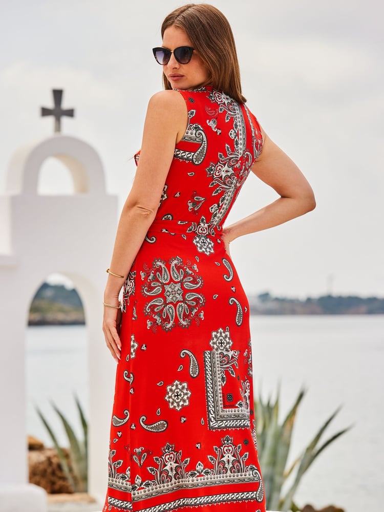 Sosandar Red Ruffle Neck Wrap Dress - Image 2 of 5