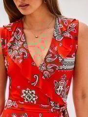 Sosandar Red Ruffle Neck Wrap Dress - Image 4 of 5