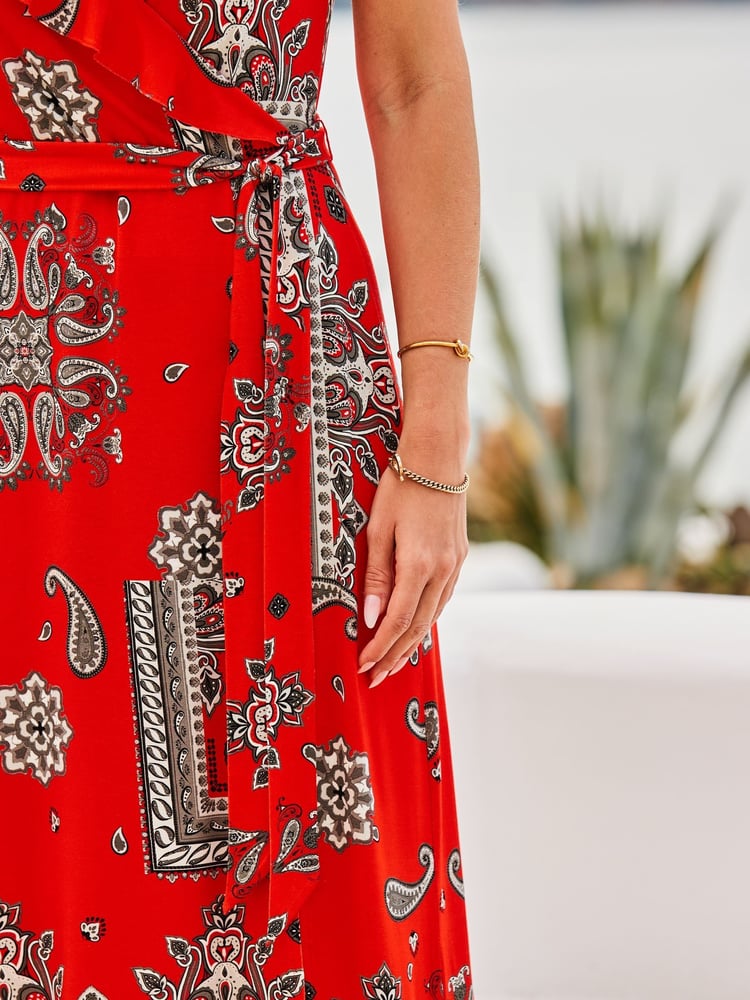 Sosandar Red Ruffle Neck Wrap Dress - Image 5 of 5