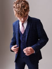 Navy Blue Skinny Fit Navy Blue Check Suit Jacket (12mths-16yrs) - Image 1 of 5