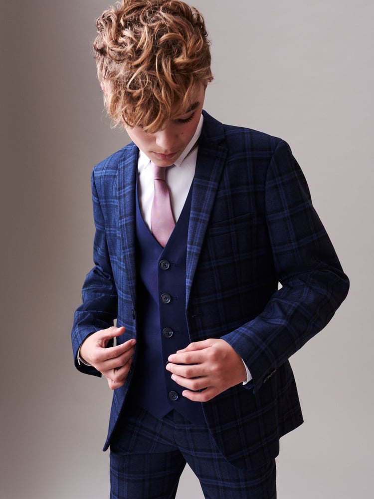 Navy Blue Skinny Fit Navy Blue Check Suit Jacket (12mths-16yrs) - Image 1 of 5