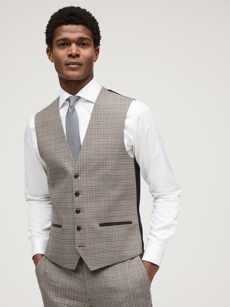 Taupe Trimmed Check Suit: Waistcoat - Image 1 of 1
