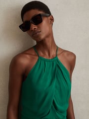 Reiss Green Elliana Drape Front Midi Dress - Image 1 of 5