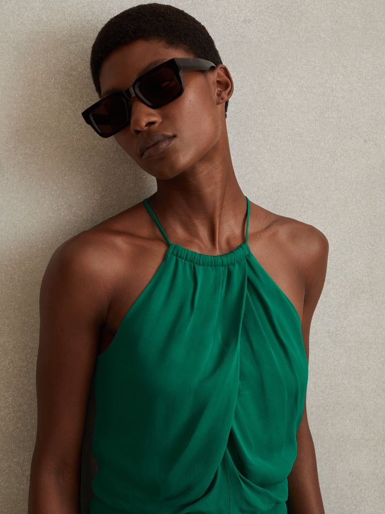 Reiss Green Elliana Drape Front Midi Dress - Image 1 of 5
