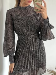 Style Cheat Black Pebble Print Mia High Neck Pleated Mini Dress - Image 4 of 4