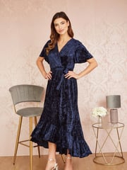 Yumi Blue Velvet Wrap Over Angel Sleeve Midi Dress - Image 1 of 5