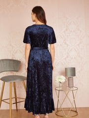 Yumi Blue Velvet Wrap Over Angel Sleeve Midi Dress - Image 2 of 5