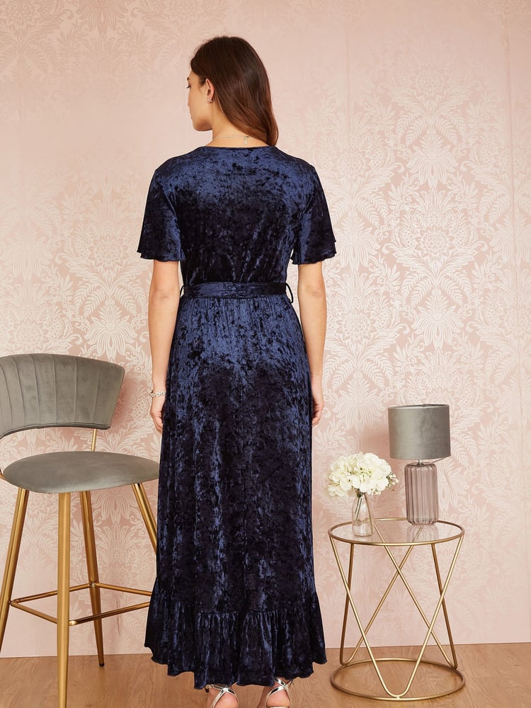 Yumi Blue Velvet Wrap Over Angel Sleeve Midi Dress - Image 2 of 5