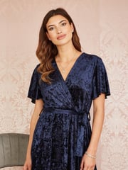 Yumi Blue Velvet Wrap Over Angel Sleeve Midi Dress - Image 4 of 5