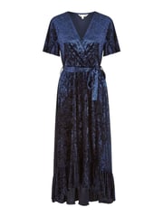 Yumi Blue Velvet Wrap Over Angel Sleeve Midi Dress - Image 5 of 5