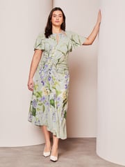 Lipsy Green Floral Curve Ruched Front Keyhole Cut Out Asymmetricalmetricalmetrical Midi Dress - Image 3 of 4
