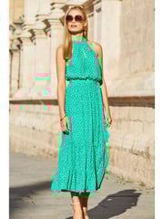 Sosandar Green High Neck Keyhole Belted Midi Dress - Image 1 of 4