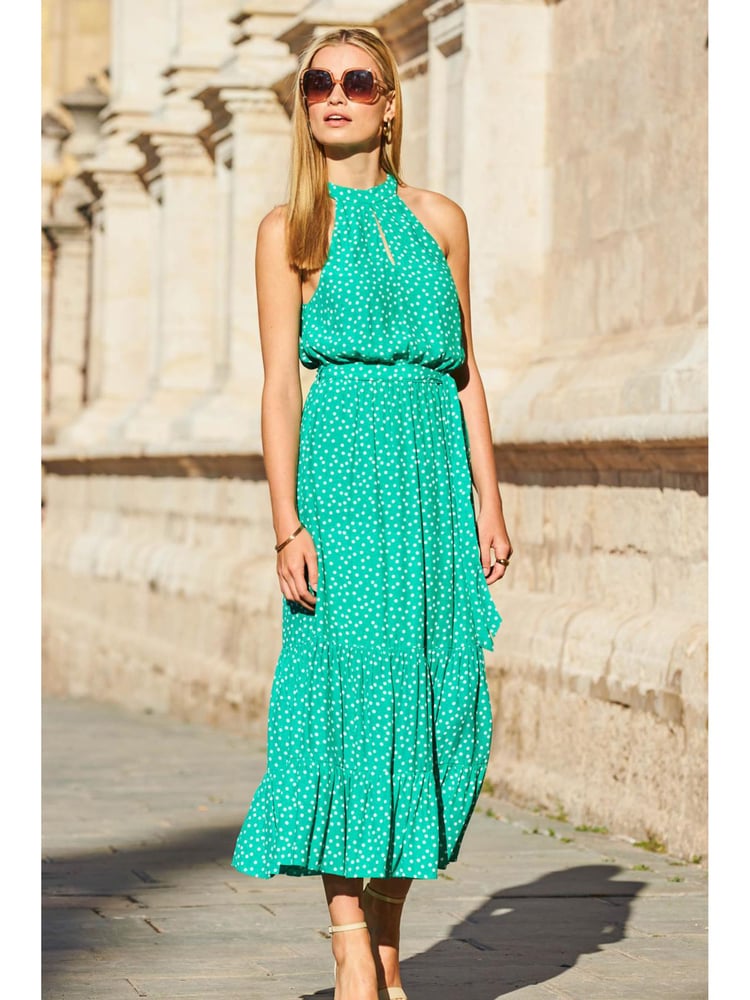 Sosandar Green High Neck Keyhole Belted Midi Dress - Image 1 of 4