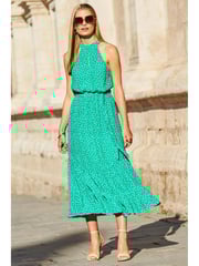 Sosandar Green High Neck Keyhole Belted Midi Dress - Image 3 of 4