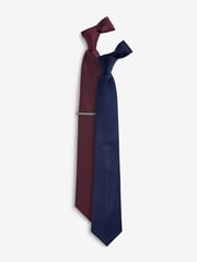 Navy Blue/Burgundy Red Textured Ties And Tie Clips 2 Pack - Image 1 of 3