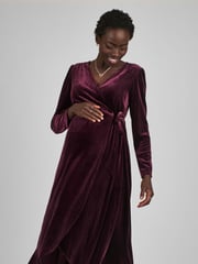 JoJo Maman Bébé Wine Red Velvet V-Neck Maternity & Nursing Wrap Dress - Image 2 of 6