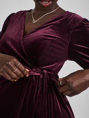 JoJo Maman Bébé Wine Red Velvet V-Neck Maternity & Nursing Wrap Dress - Image 4 of 6