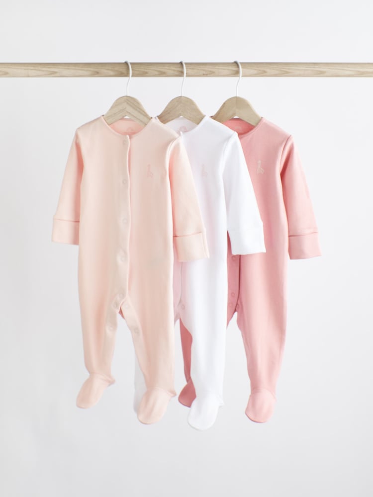 Pink/White 3 Pack 100% Cotton Baby Sleepsuits (0-2yrs) - Image 1 of 4