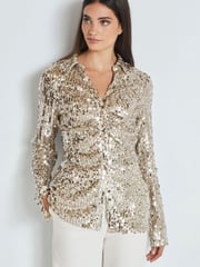 Champagne Gold Long Sleeve Sequin Ruched Shirt - Image 1 of 7