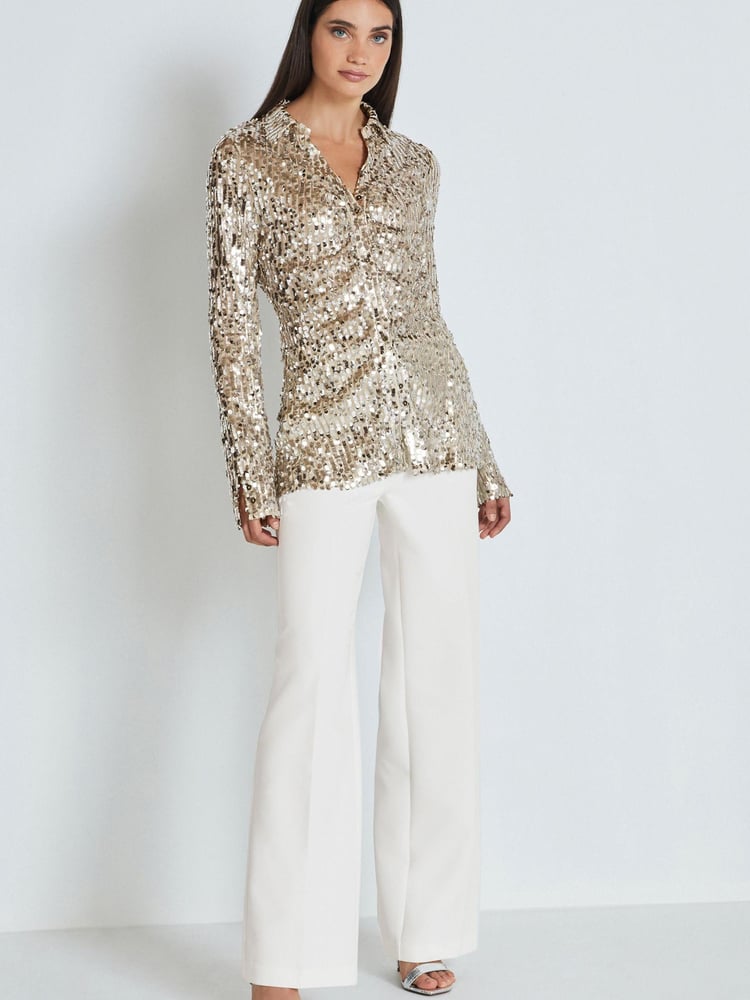 Champagne Gold Long Sleeve Sequin Ruched Shirt - Image 2 of 7