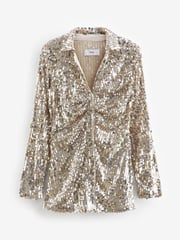 Champagne Gold Long Sleeve Sequin Ruched Shirt - Image 6 of 7