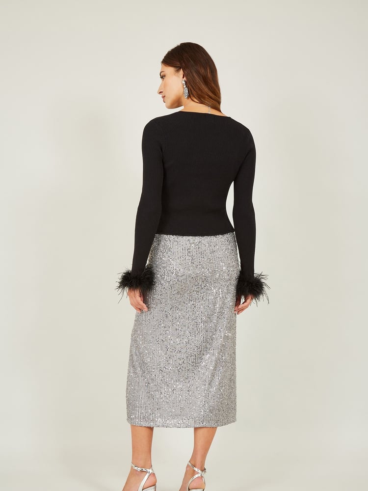 Yumi Black Ribbed Bolero With Feather Cuffs - Image 2 of 5