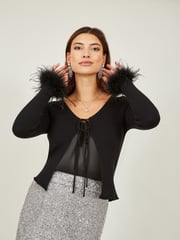 Yumi Black Ribbed Bolero With Feather Cuffs - Image 3 of 5