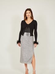 Yumi Black Ribbed Bolero With Feather Cuffs - Image 4 of 5