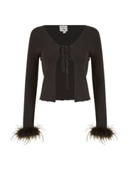 Yumi Black Ribbed Bolero With Feather Cuffs - Image 5 of 5