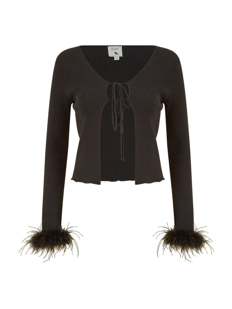 Yumi Black Ribbed Bolero With Feather Cuffs - Image 5 of 5