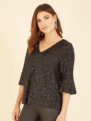 Yumi Black Sequin Top With Fluted Sleeve - Image 1 of 5