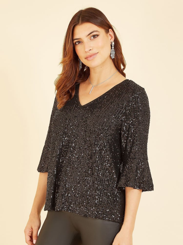 Yumi Black Sequin Top With Fluted Sleeve - Image 1 of 5
