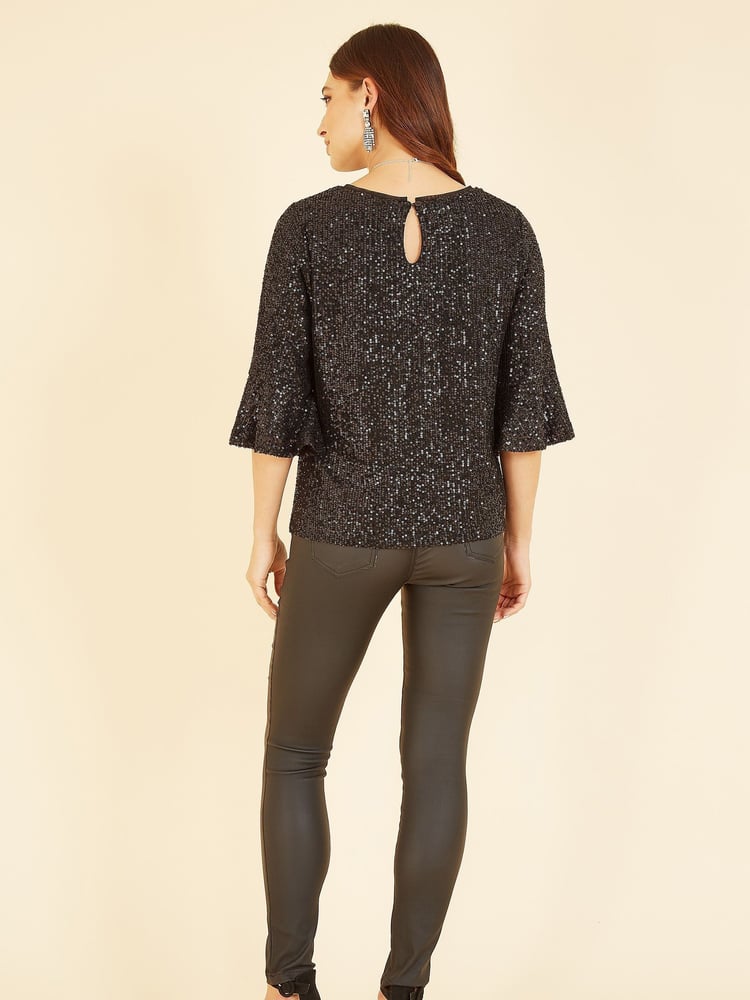 Yumi Black Sequin Top With Fluted Sleeve - Image 2 of 5