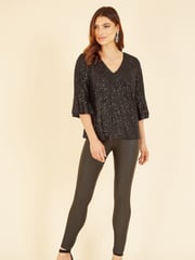 Yumi Black Sequin Top With Fluted Sleeve - Image 3 of 5