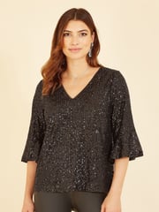 Yumi Black Sequin Top With Fluted Sleeve - Image 4 of 5