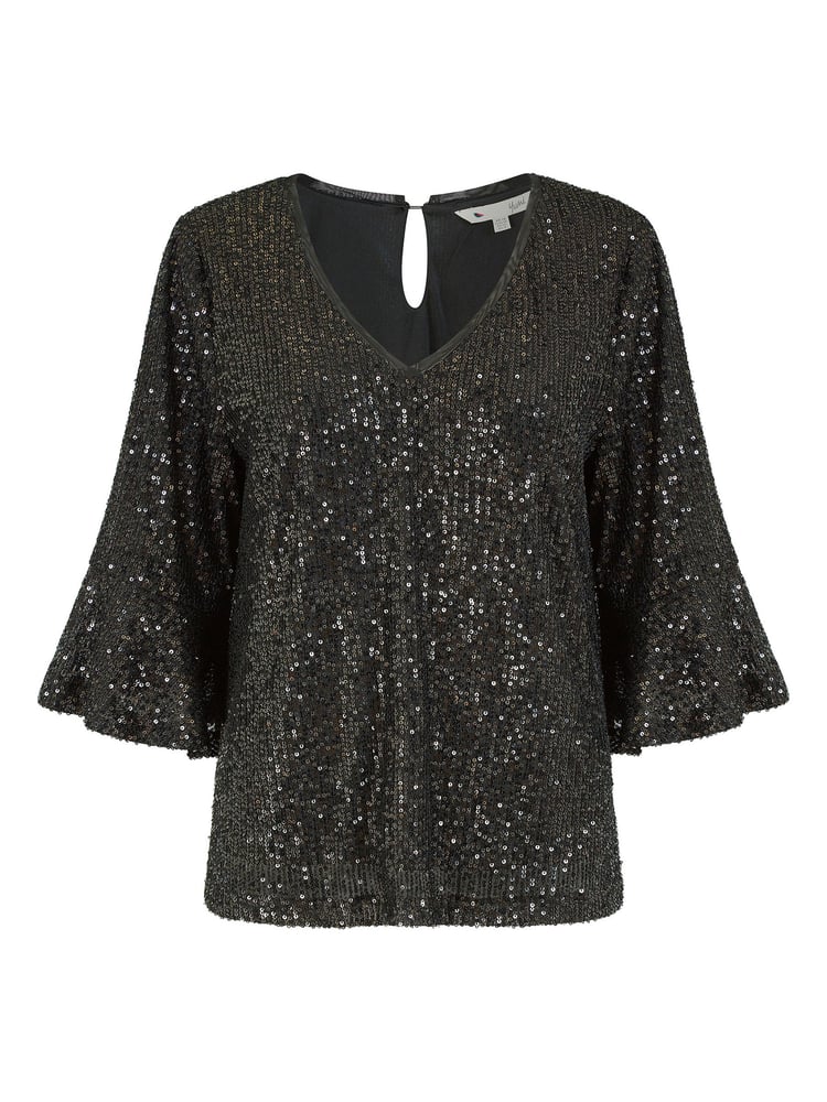 Yumi Black Sequin Top With Fluted Sleeve - Image 5 of 5