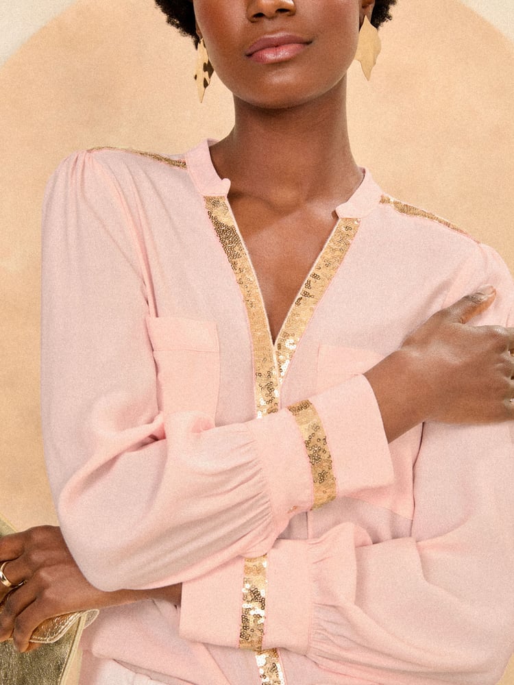 Love & Roses Pink and Gold Sequin Trim V Neck Blouse - Image 2 of 4