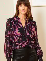Love & Roses Pink Animal Printed V Neck Puff Sleeve Blouse - Image 1 of 4
