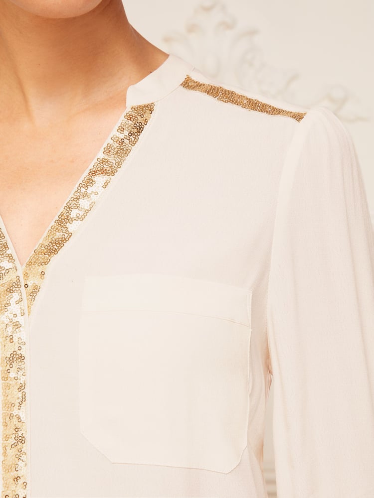Love & Roses Beige and Gold Sequin Trim V Neck Blouse - Image 2 of 4