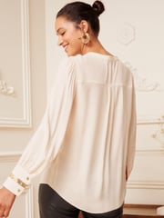 Love & Roses Beige and Gold Sequin Trim V Neck Blouse - Image 3 of 4