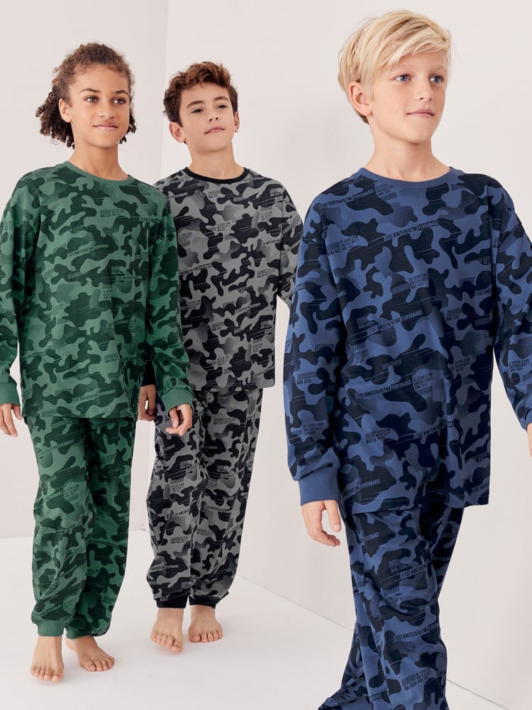 Grey/Blue/Green Camouflage 3 Pack Long Sleeve Pyjamas (3-16yrs) - Image 1 of 10