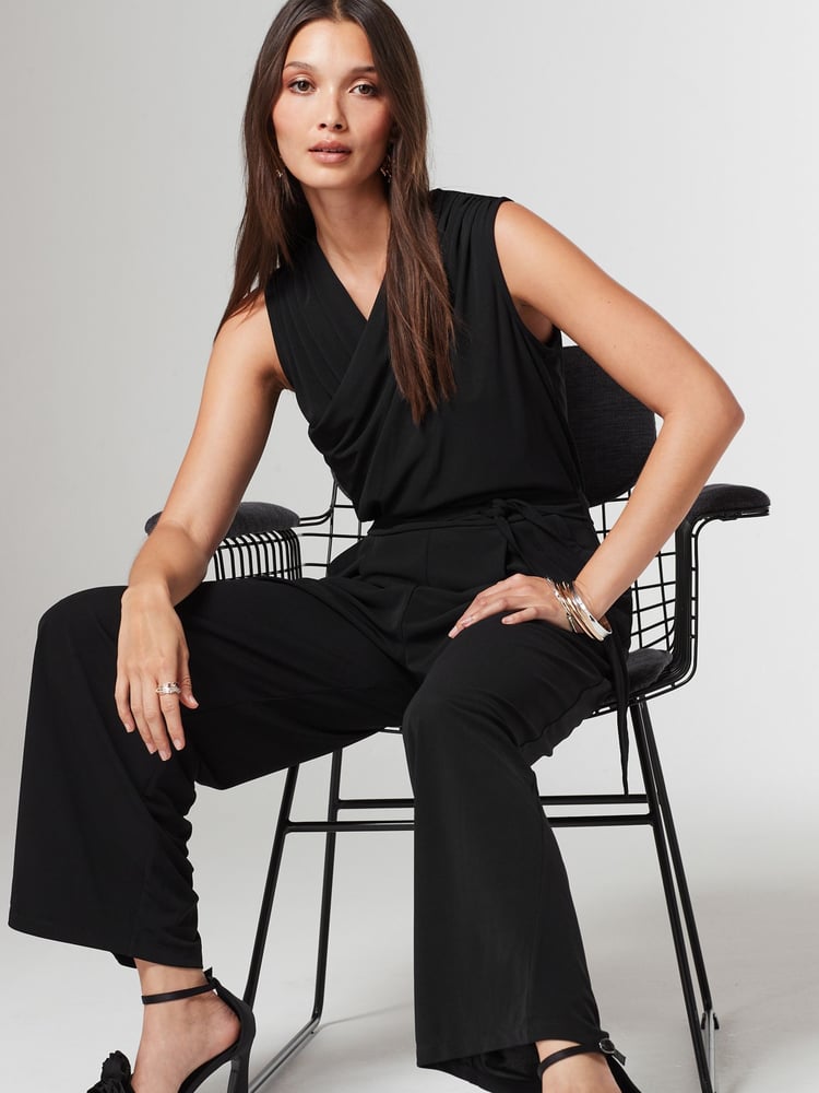 Black Sleeveless Ruched Shoulder Jumpsuit - Image 1 of 5