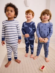Blue/White Stars 3 Pack Snuggle 100% Cotton Pyjamas (9mths-10yrs) - Image 1 of 10