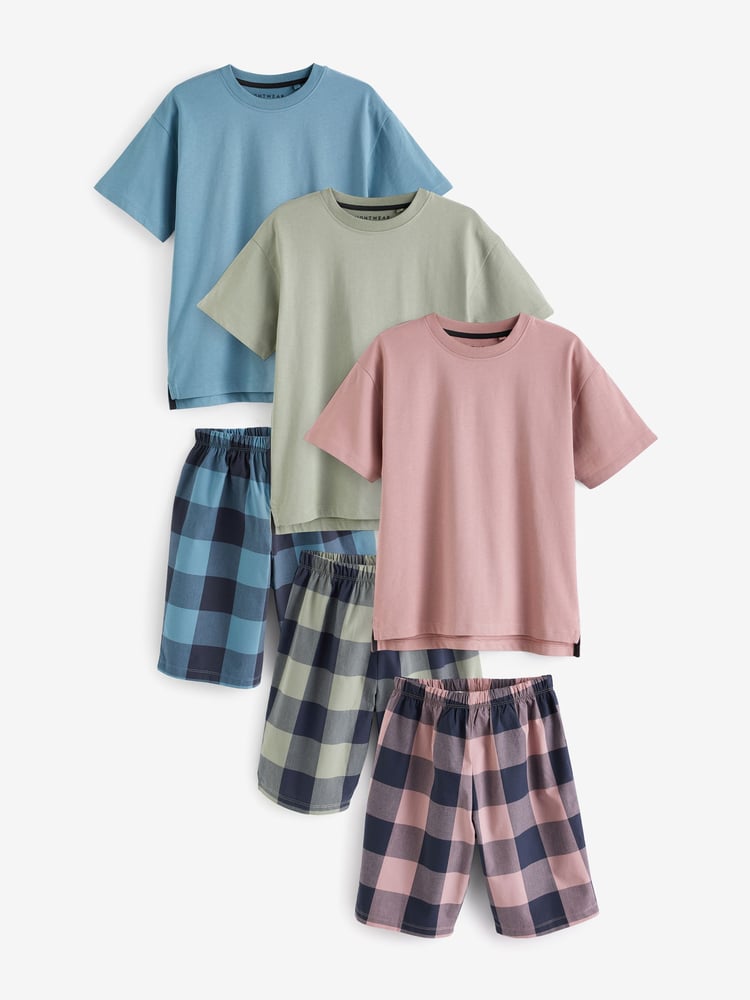 Khaki/Lilac Woven Check Short Pyjamas 3 Pack (3-16yrs) - Image 2 of 4